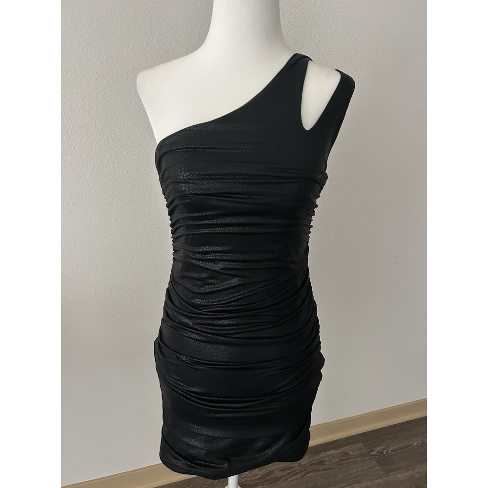 Bebe Ruched Croc Print Bodycon Black Asymmetrical Mini Dress Y2K Grunge Club